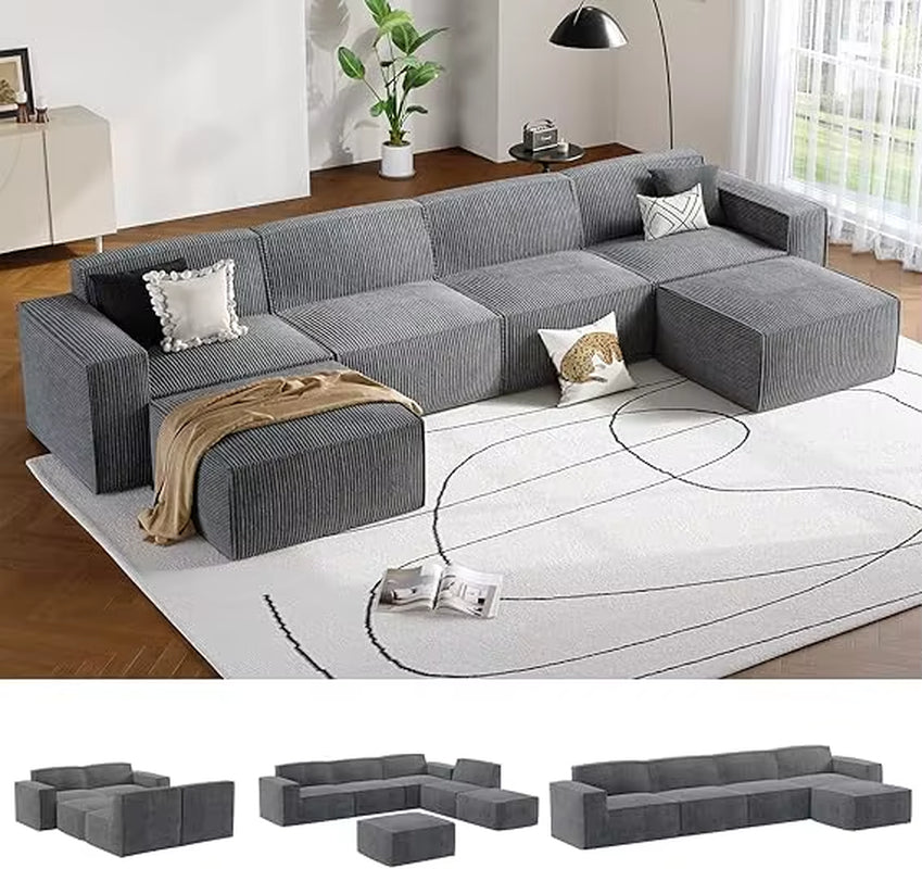 Amada 142" Sectional Couch with L-Shape Chaise,Corduroy Cloud Couches with Deep Seats &High-Back,Upholstered Couches for Living