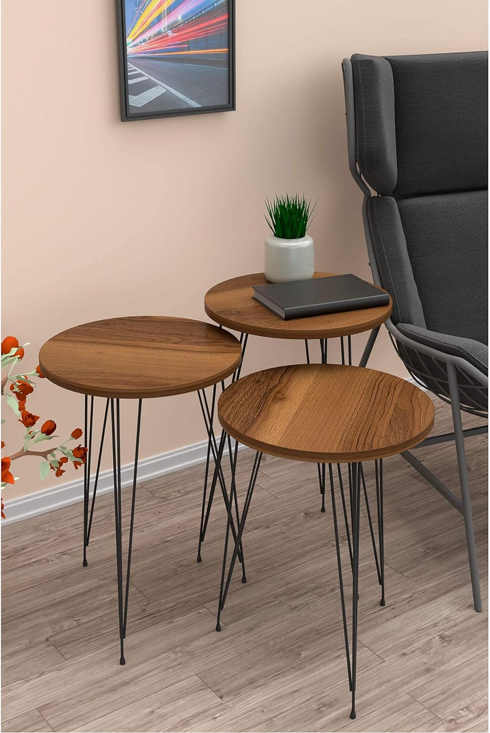 Set of 3 Walnut Nesting End Tables round Wood Stacking Coffee Side Accent Table with Metal Legs for Living Room, Home Office, Nightstands for Bedroom