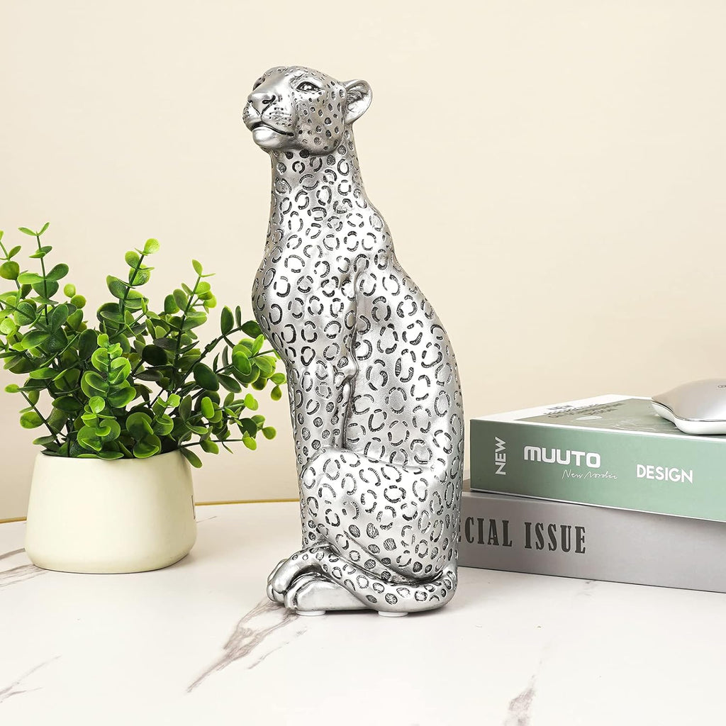 Silver Cheetah 11" H Statue, Cheetah Figurine Sitting Home Decor Realistic Antique Classical Leopard Resin Animal Ornament Statues Living Room Decor Ornament Figurine