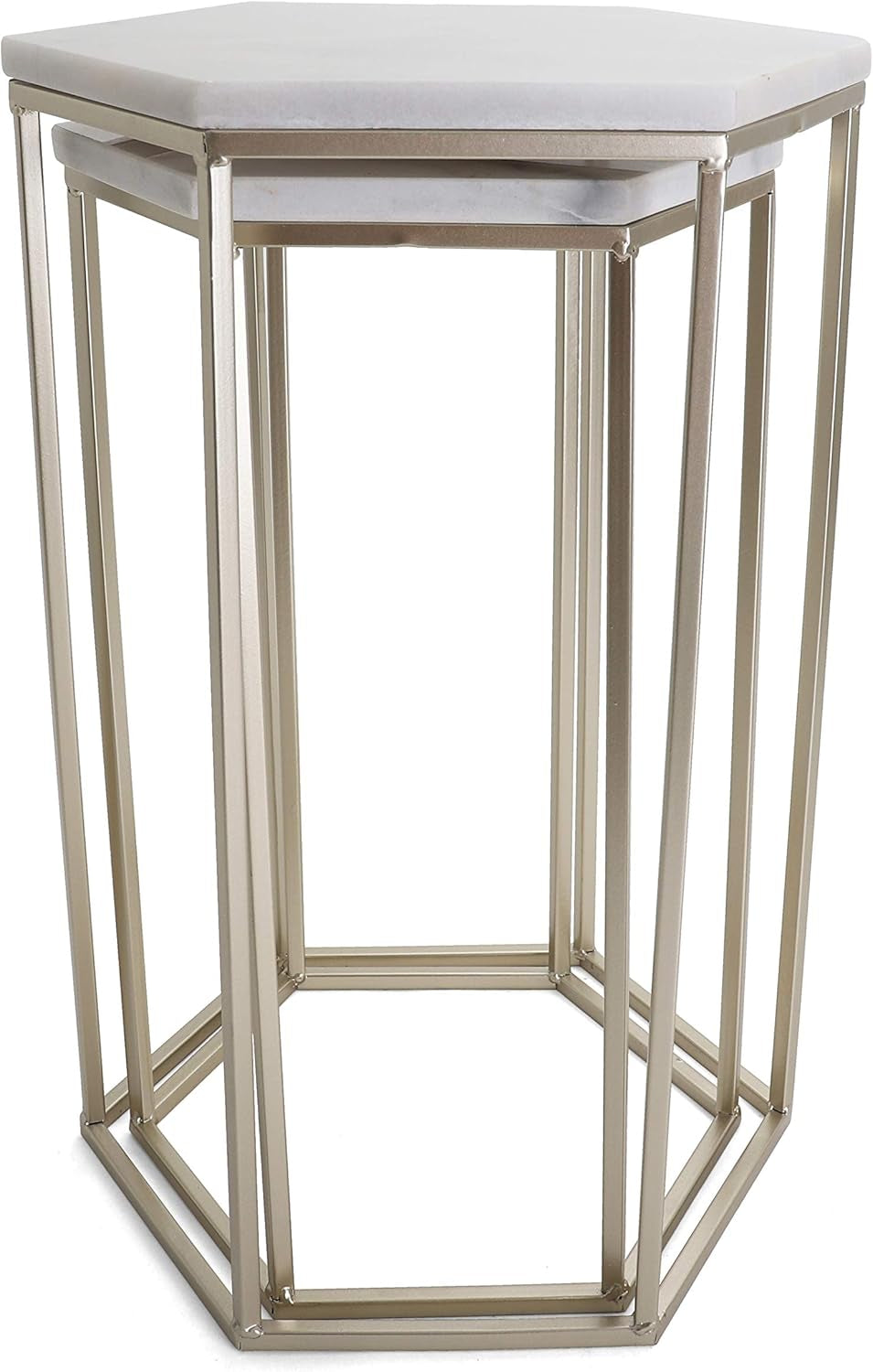 Hexagon End Table Set - End Tables with Mirrored Tops - Nesting Geometric Accent Tables - Marble Metal Side Tables Hexagon End Table Set (Gold)