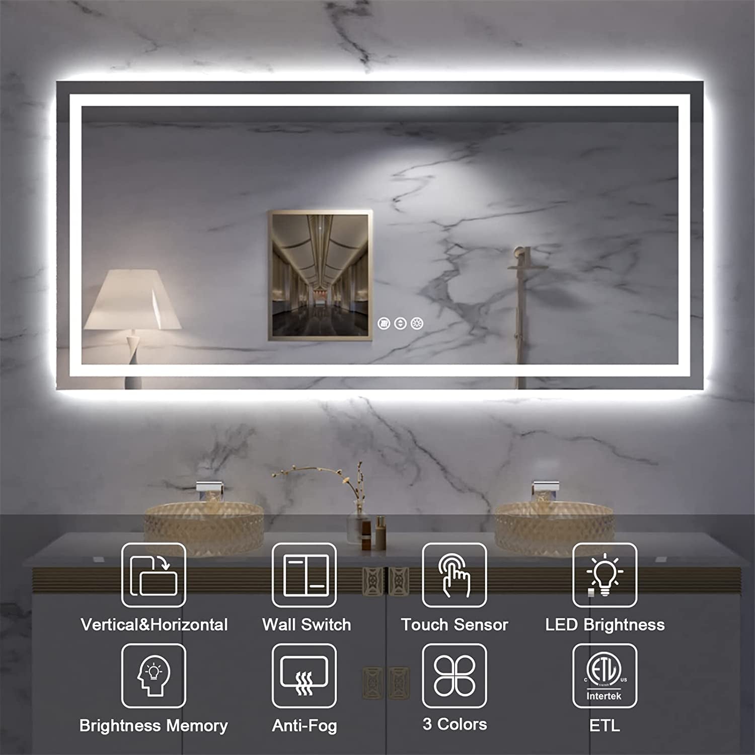 60" X28" LED Bathroom Mirror for Wall, Backlit + Front-Lighted Vanity Mirror, Dimmable Makeup Mirrors, Anti-Fog, Memory, 3 Colors, Shatterproof, ETL Listed