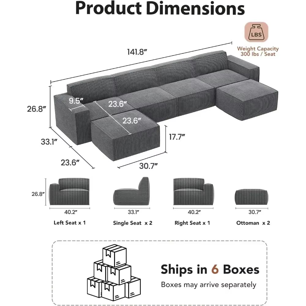 Amada 142" Sectional Couch with L-Shape Chaise,Corduroy Cloud Couches with Deep Seats &High-Back,Upholstered Couches for Living