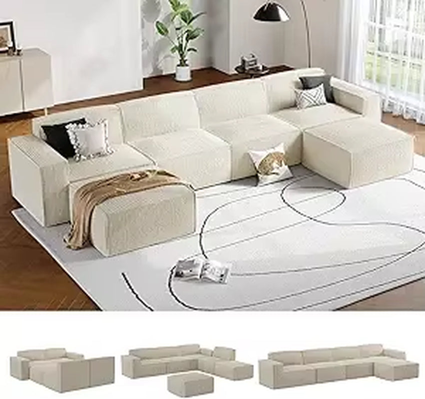 Amada 142" Sectional Couch with L-Shape Chaise,Corduroy Cloud Couches with Deep Seats &High-Back,Upholstered Couches for Living