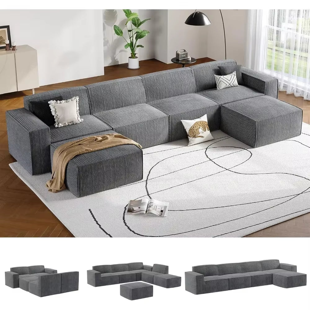 Amada 142" Sectional Couch with L-Shape Chaise,Corduroy Cloud Couches with Deep Seats &High-Back,Upholstered Couches for Living