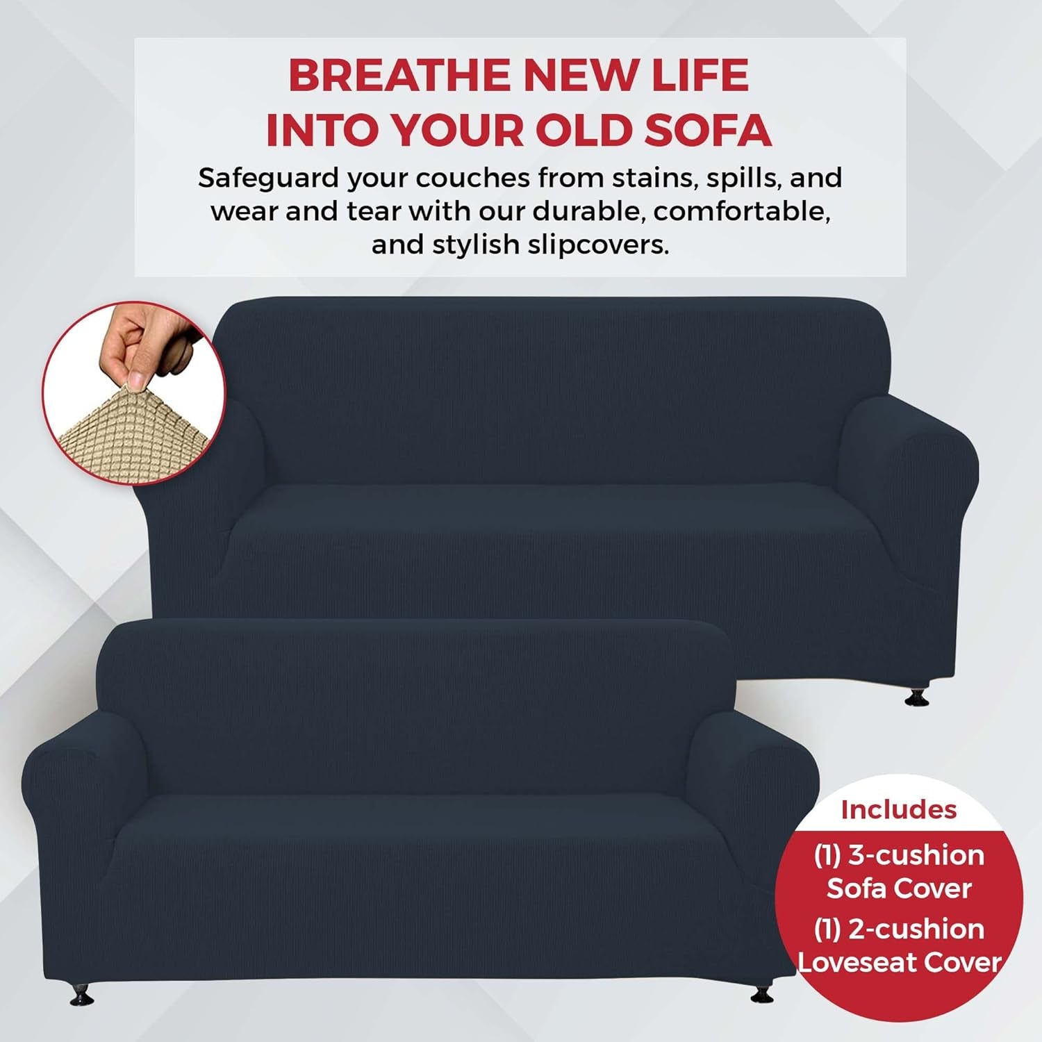 3-Piece Couch Cover Set, Sofa, Loveseat, and Arm Chair Slipcovers, Form Fit Stretch, Wrinkle Free, Furniture Protector, Sofa Covers for Living Room, Polyester Spandex (Blue)