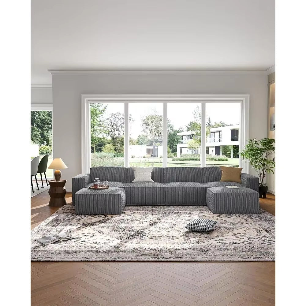 Amada 142" Sectional Couch with L-Shape Chaise,Corduroy Cloud Couches with Deep Seats &High-Back,Upholstered Couches for Living