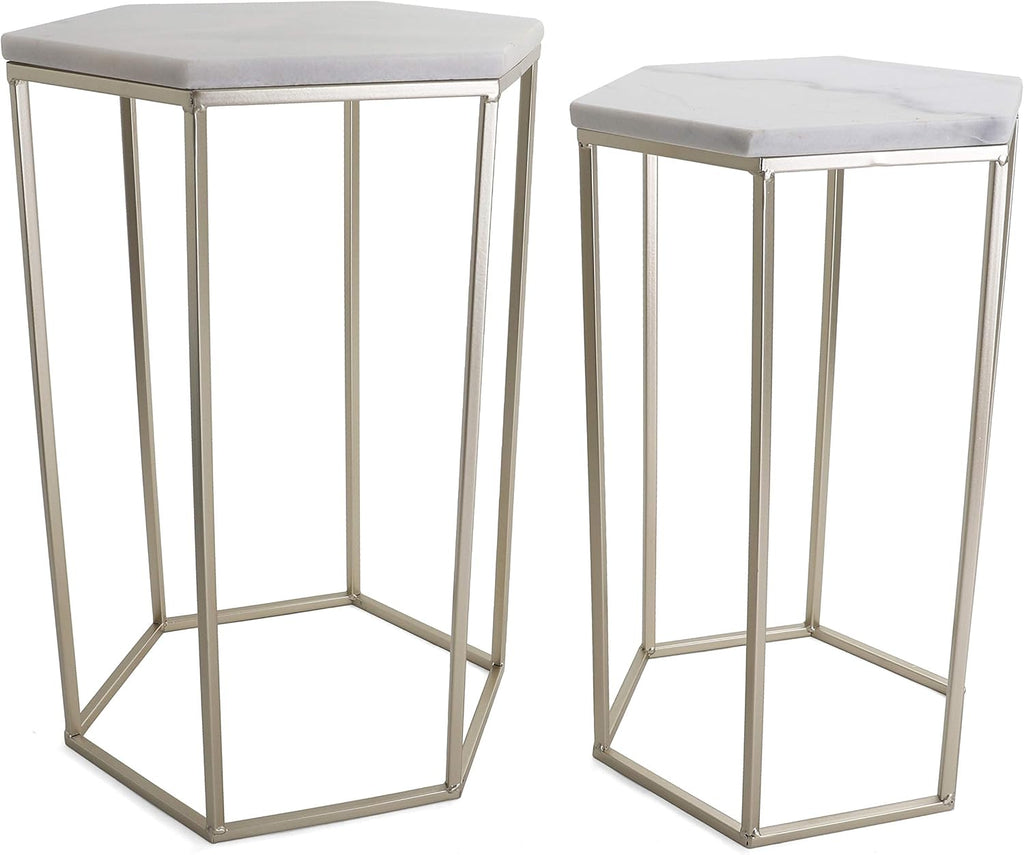 Hexagon End Table Set - End Tables with Mirrored Tops - Nesting Geometric Accent Tables - Marble Metal Side Tables Hexagon End Table Set (Gold)