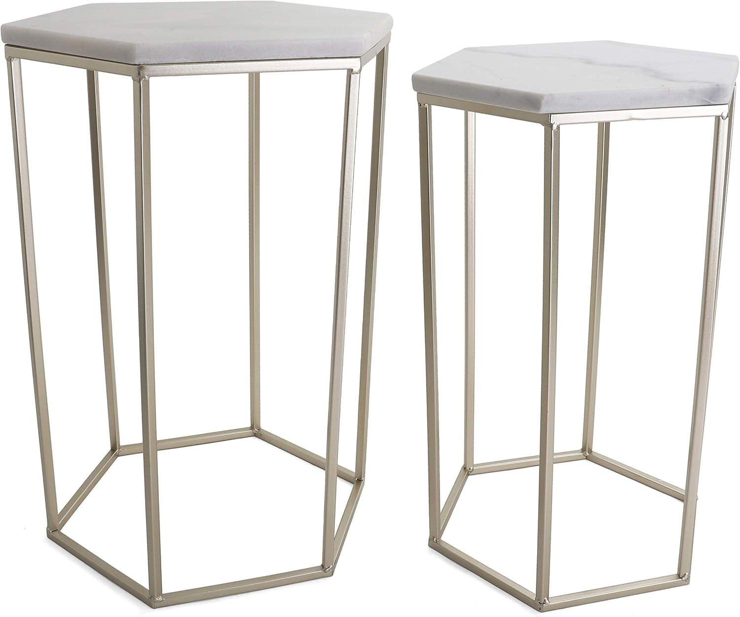 Hexagon End Table Set - End Tables with Mirrored Tops - Nesting Geometric Accent Tables - Marble Metal Side Tables Hexagon End Table Set (Gold)