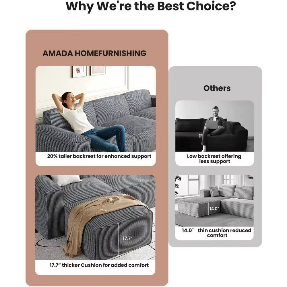 Amada 142" Sectional Couch with L-Shape Chaise,Corduroy Cloud Couches with Deep Seats &High-Back,Upholstered Couches for Living