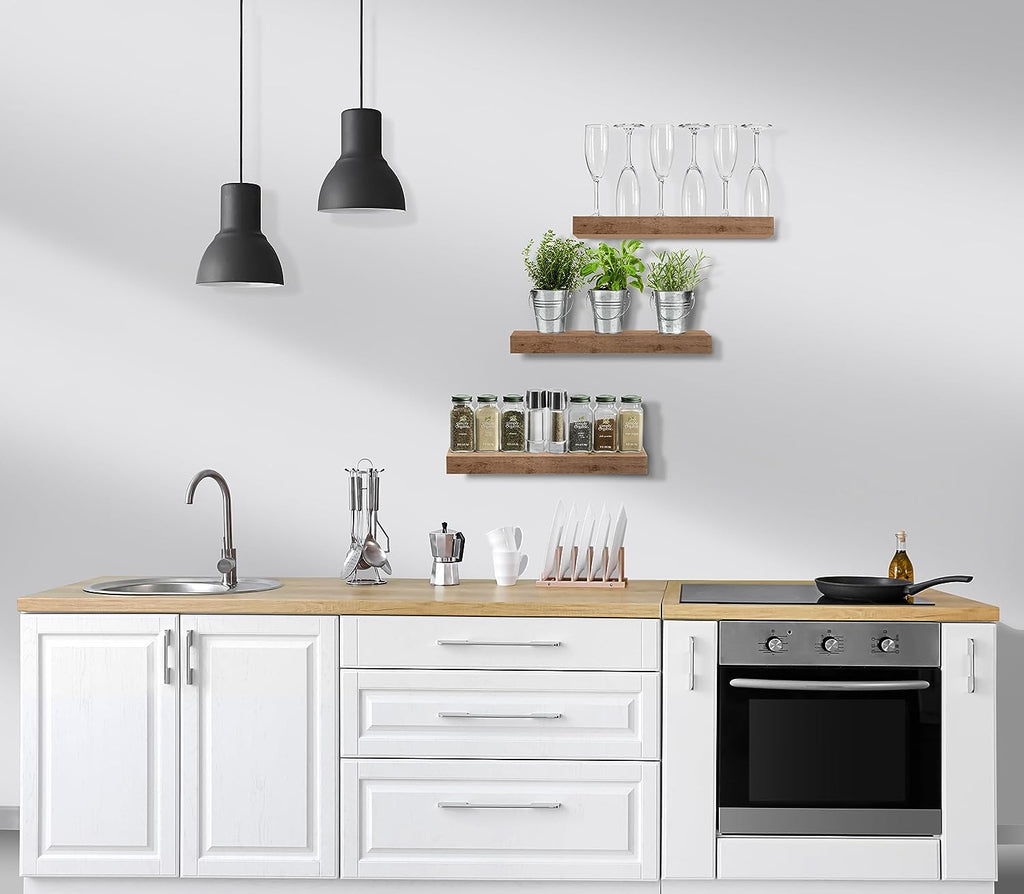 Wall-Mounted Floating Shelves - Versatile Storage Solutions for Kitchen, Bedroom, and Bathroom (Mahogany, Set of 3)