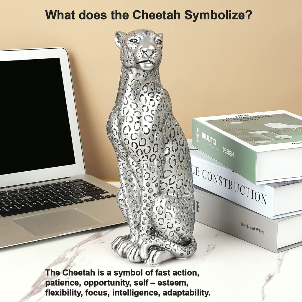 Silver Cheetah 11" H Statue, Cheetah Figurine Sitting Home Decor Realistic Antique Classical Leopard Resin Animal Ornament Statues Living Room Decor Ornament Figurine