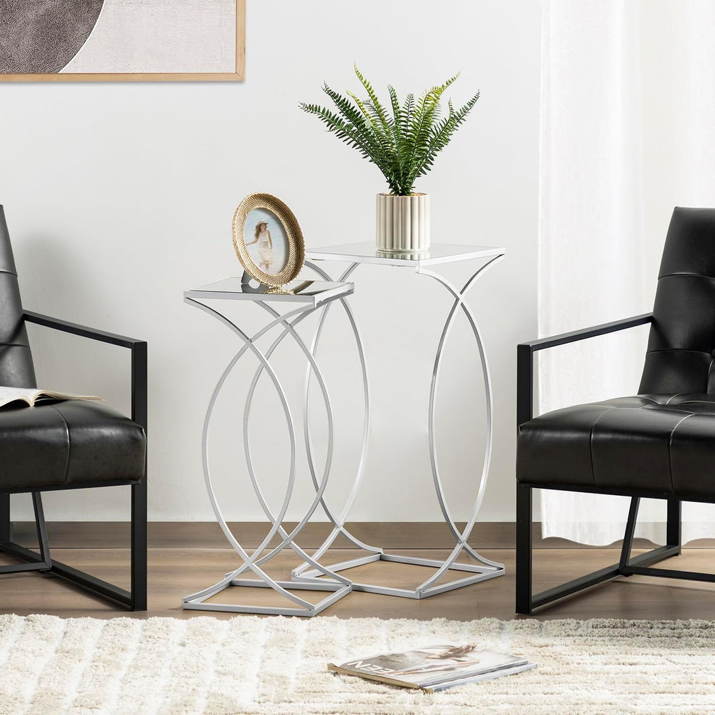 Nesting Side Tables, Set of 2 Modern End Tables with Metal Frame & Tempered Glass Top, Coffee Tables Decorative Accent Tables for Small Space Living Room Office - Silver