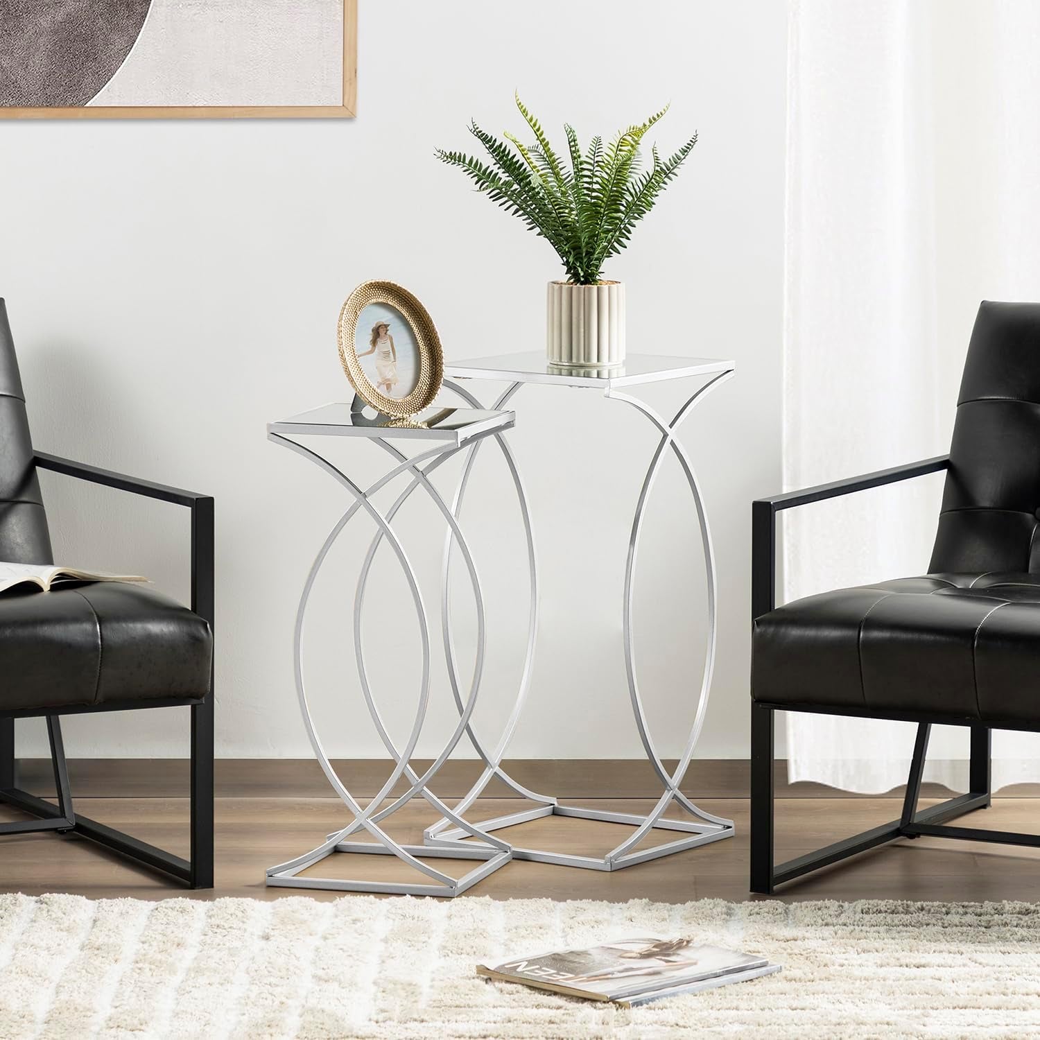 Nesting Side Tables, Set of 2 Modern End Tables with Metal Frame & Tempered Glass Top, Coffee Tables Decorative Accent Tables for Small Space Living Room Office - Silver