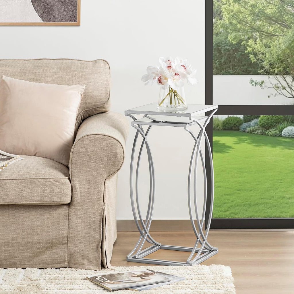 Nesting Side Tables, Set of 2 Modern End Tables with Metal Frame & Tempered Glass Top, Coffee Tables Decorative Accent Tables for Small Space Living Room Office - Silver