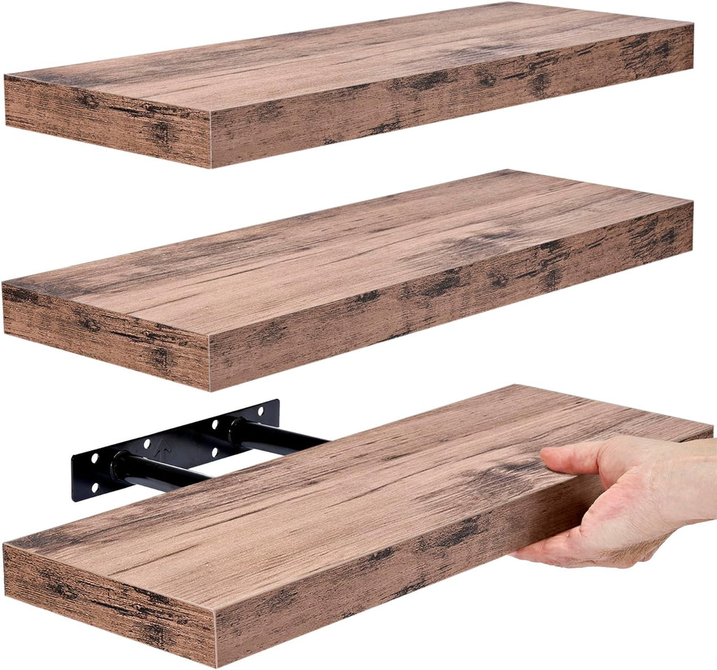 Wall-Mounted Floating Shelves - Versatile Storage Solutions for Kitchen, Bedroom, and Bathroom (Mahogany, Set of 3)