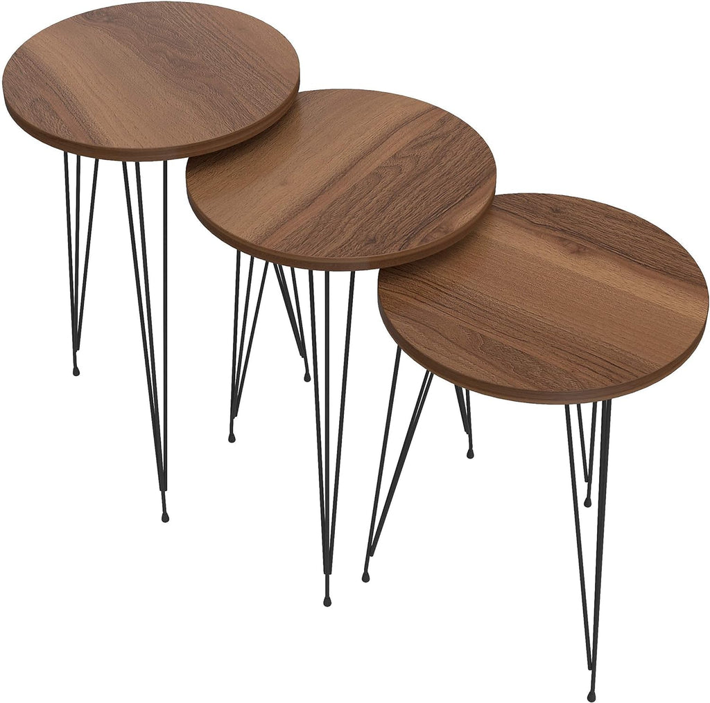 Set of 3 Walnut Nesting End Tables round Wood Stacking Coffee Side Accent Table with Metal Legs for Living Room, Home Office, Nightstands for Bedroom