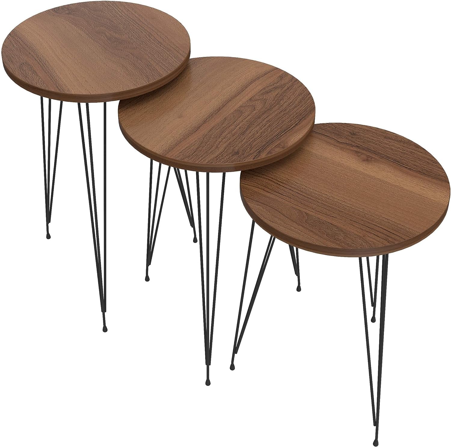 Set of 3 Walnut Nesting End Tables round Wood Stacking Coffee Side Accent Table with Metal Legs for Living Room, Home Office, Nightstands for Bedroom